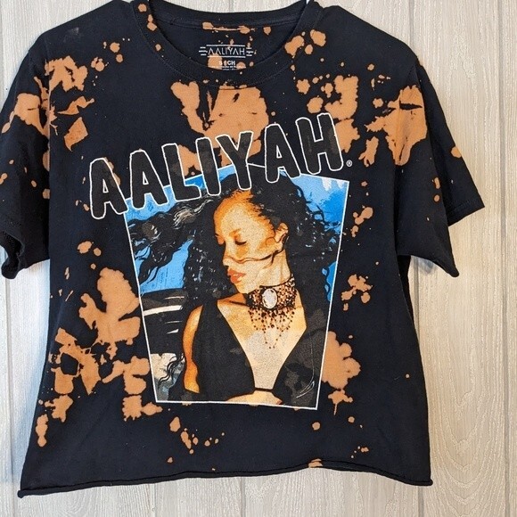 Aaliyay Black Bleach Dyed Graphic Tee Cropped Retro  EUC SZ SM - Picture 2 of 5